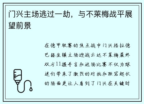 门兴主场逃过一劫，与不莱梅战平展望前景
